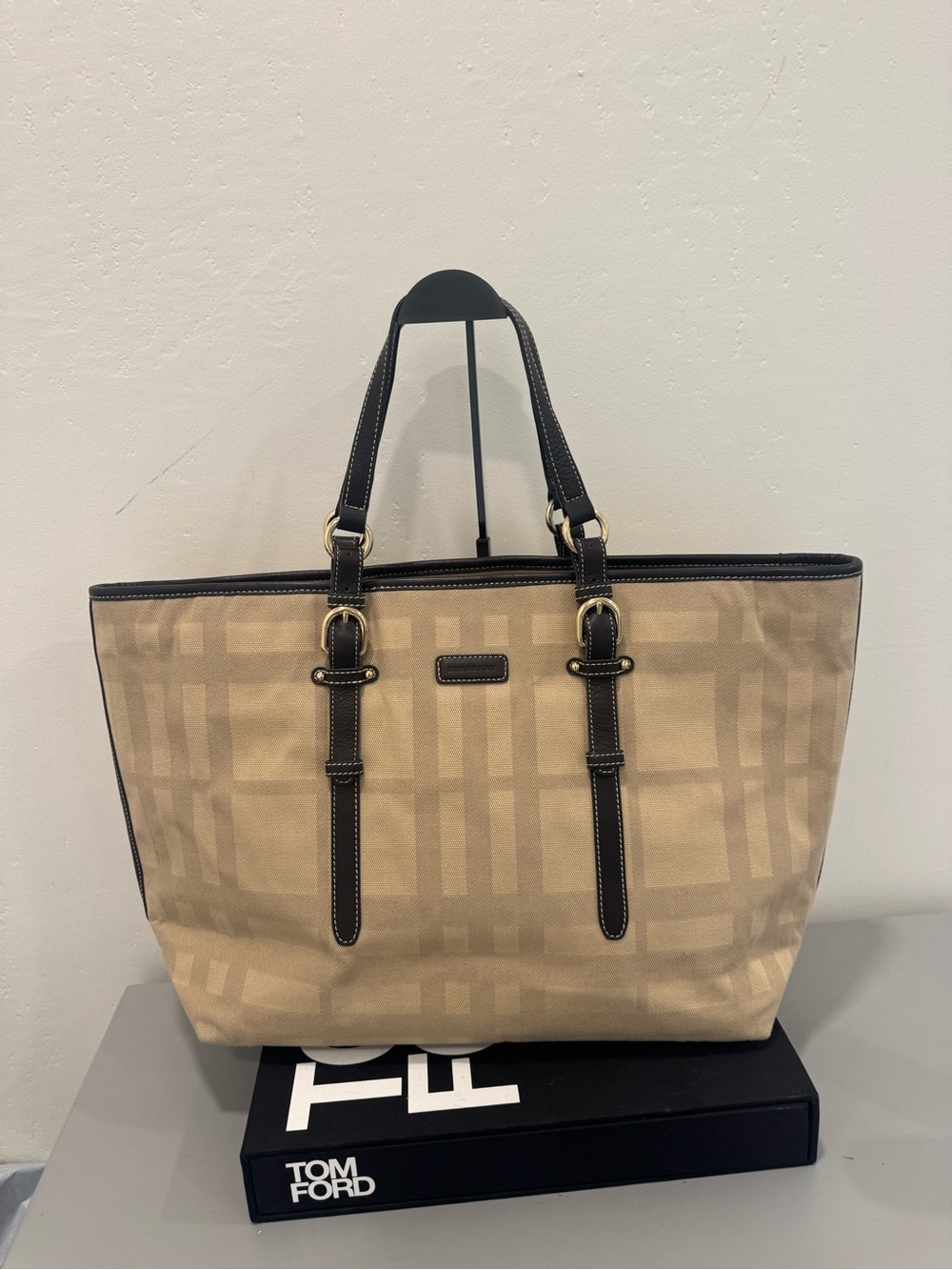 Burberry Beige Plaid Canvas Tote with Dark Brown Leather Trim